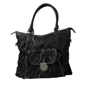 NY & Co Black Logo Jacquard Shoulder Bag Large Work Tote Silver Hardware Purse